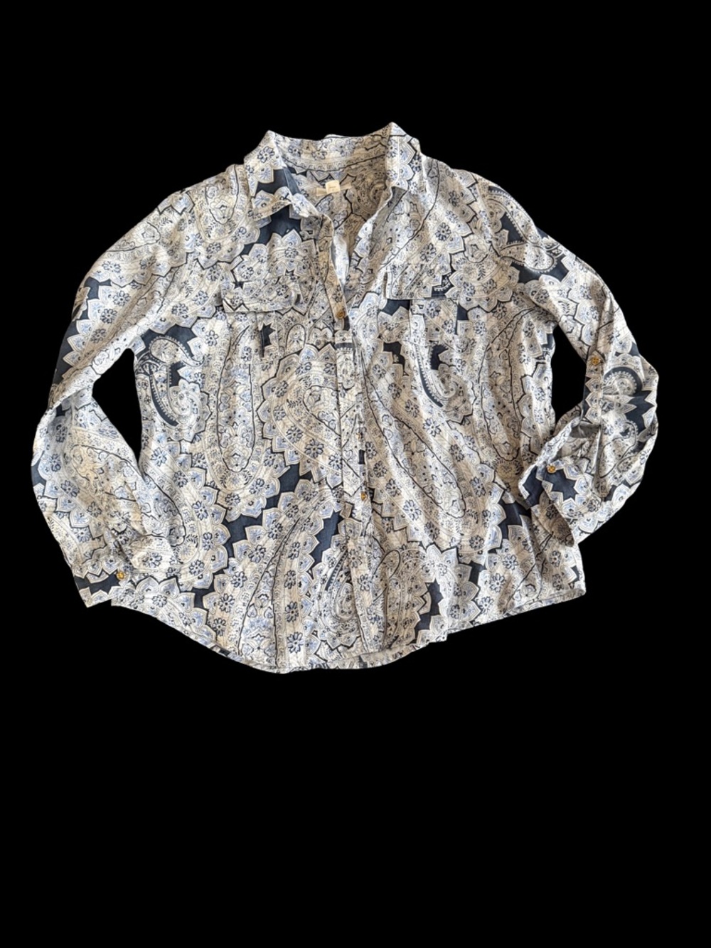 100% Linen Paisley Button-Up Blouse in Navy and White